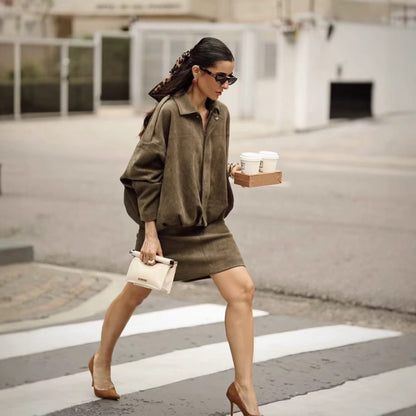 Oversize Yeşil Süet Görünümlü Mont