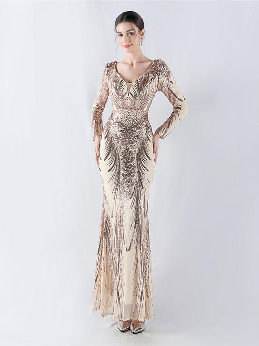 Runa V Yaka Sırtı Açık Maxi Elbise