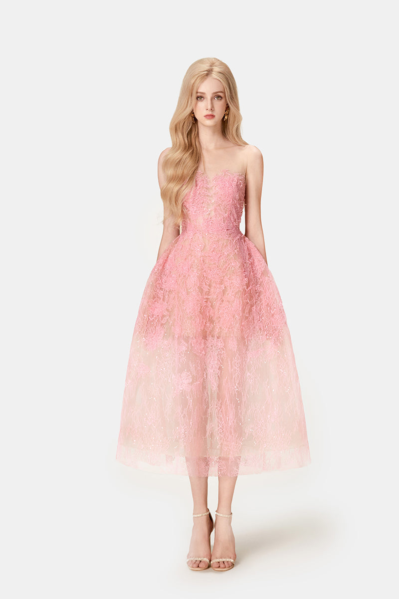 Melinda Dantel Midi Elbise-Pembe