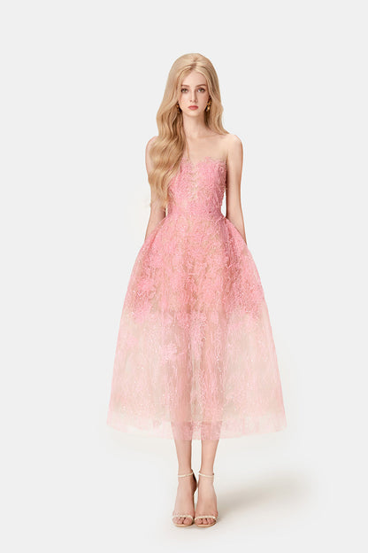 Melinda Dantel Midi Elbise-Pembe