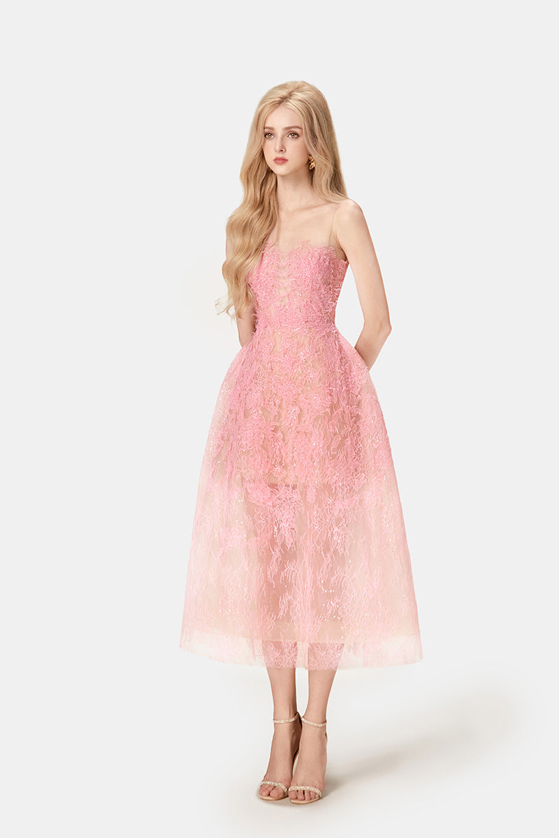Melinda Dantel Midi Elbise-Pembe