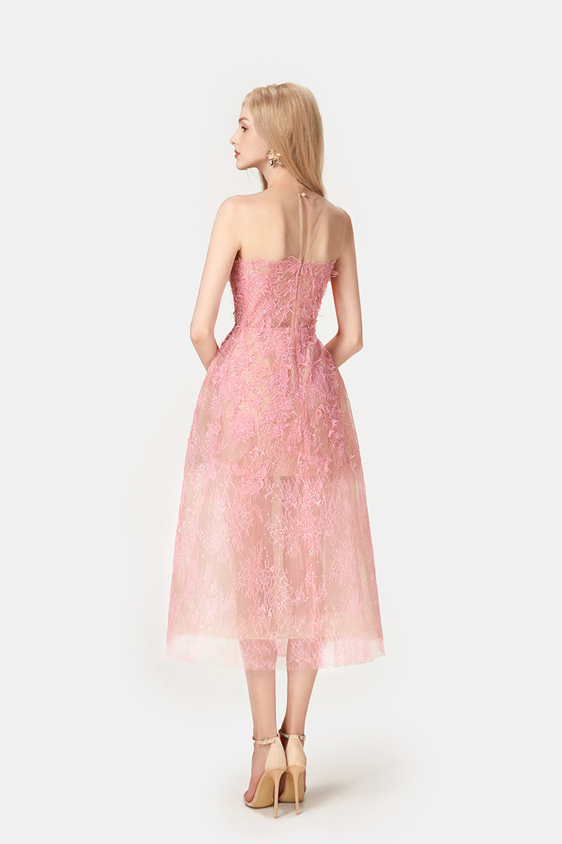 Melinda Dantel Midi Elbise-Pembe