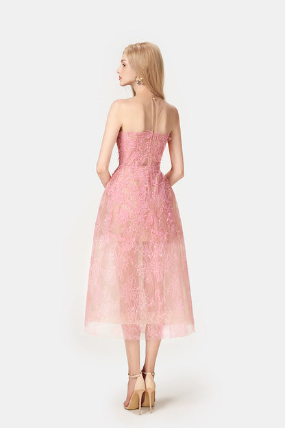 Melinda Dantel Midi Elbise-Pembe