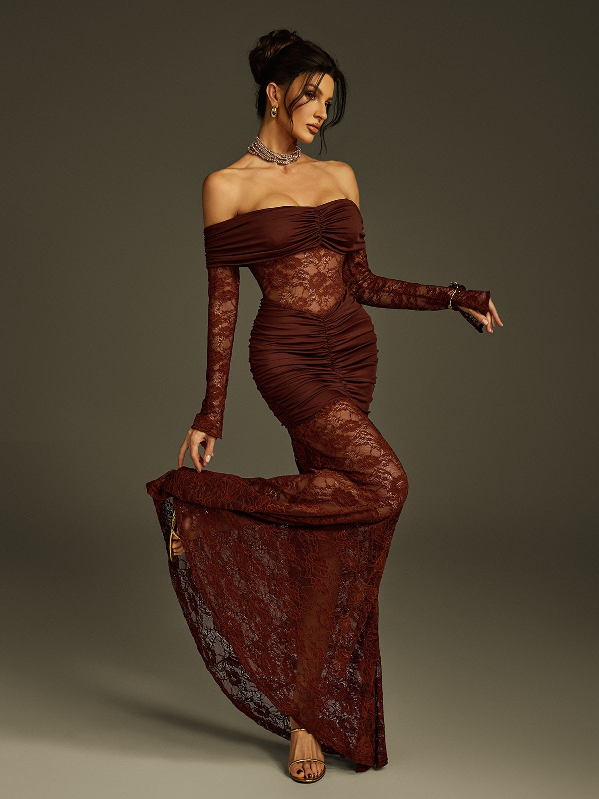 Poseidon Omuzsuz Dantel Maxi Elbise