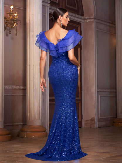 Nadira Fırfırlı Denizkızı Maxi Abiye Elbise