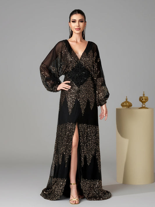 Yasmina Fener Kollu Yırtmaçlı Maxi Elbisesi