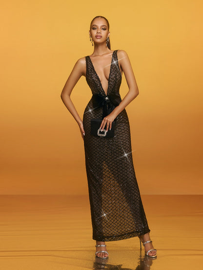 Raziy V Yaka Fiyonklu Payetli Maxi Elbise