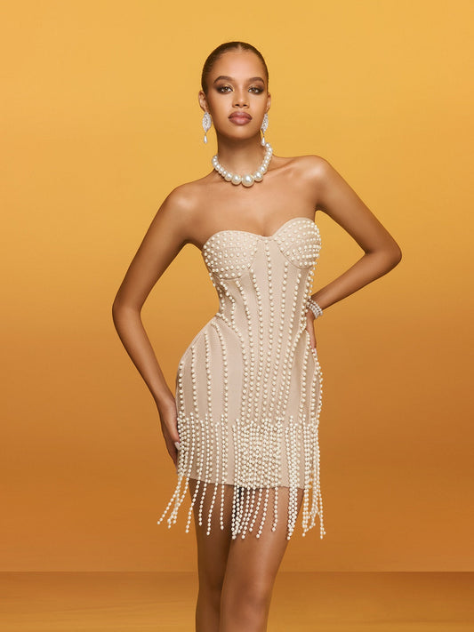 Reika Strapless Pearl Fringe Bandage Mini Elbise