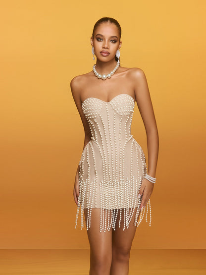 Reika Strapless Pearl Fringe Bandage Mini Elbise