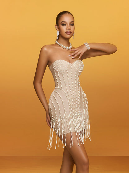 Reika Strapless Pearl Fringe Bandage Mini Elbise