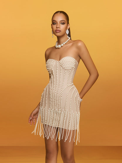 Reika Strapless Pearl Fringe Bandage Mini Elbise