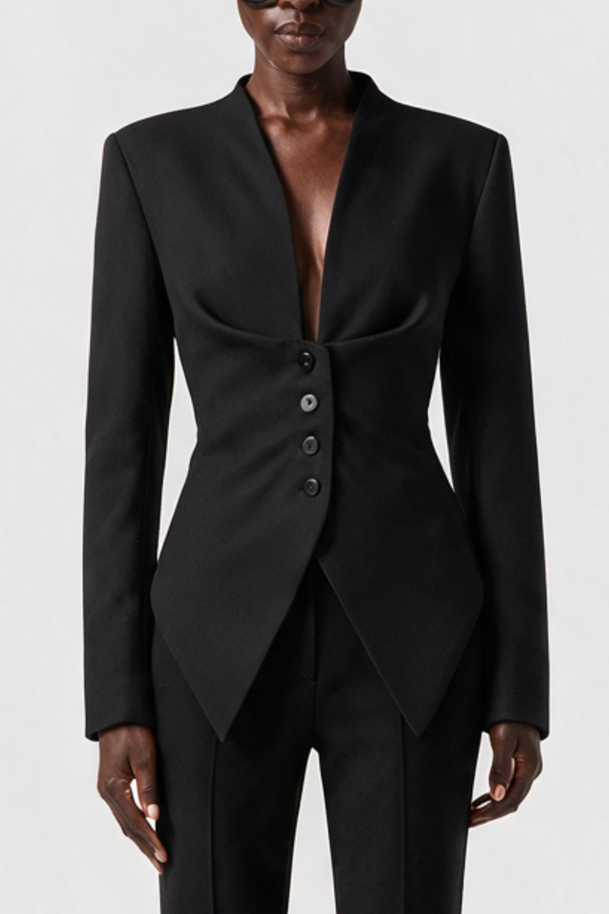 Ropalsa Büzgülü Düğmeli Blazer - Siyah