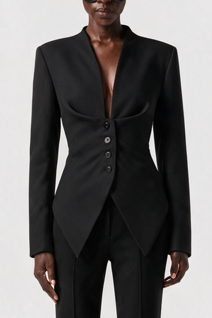 Ropalsa Büzgülü Düğmeli Blazer - Siyah