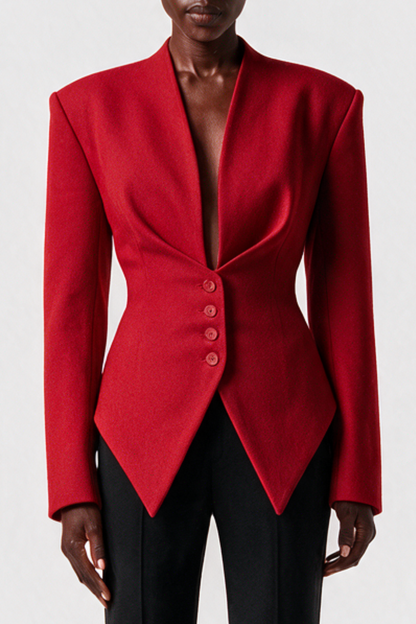 Ropalsa Büzgülü Düğmeli Blazer - Kırmızı