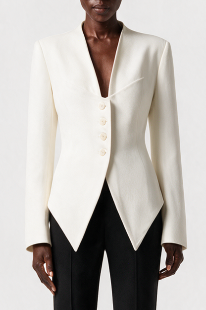 Ropalsa Büzgülü Düğmeli Blazer - Beyaz