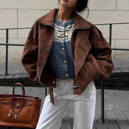 Kemer Detaylı Süet Görünümlü Biker Trençkot