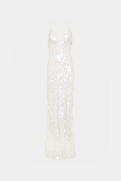 Safir Payetli Maxi Elbise-Beyaz