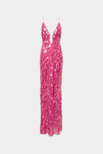 Safir Payetli Maxi Elbise-Pembe