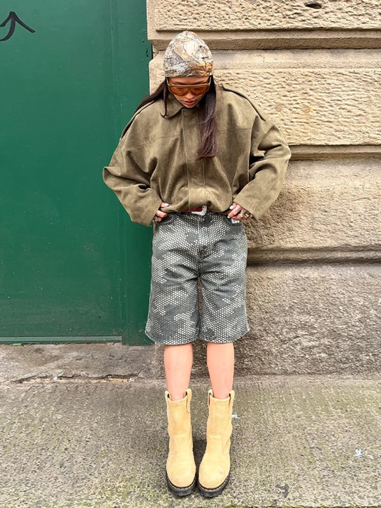 Oversize Yeşil Süet Görünümlü Mont