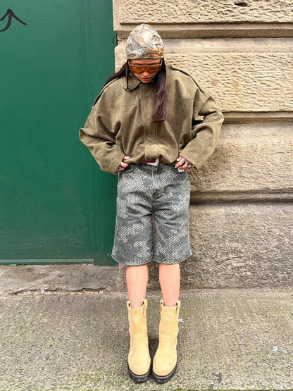 Oversize Yeşil Süet Görünümlü Mont