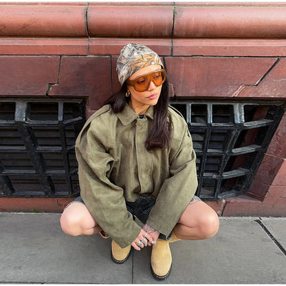 Oversize Yeşil Süet Görünümlü Mont