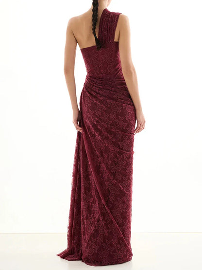 Melisande Tek Omuz Maxi Elbise-Bordo