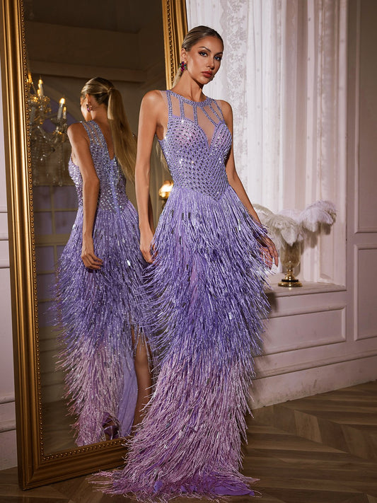 Saelyvira Fringe Rhinestone Maxi Elbise