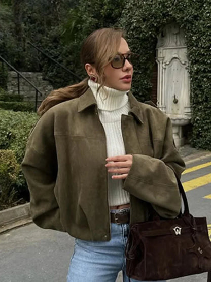 Dwurzędowa kurtka sezonowa z efektem zamszu 