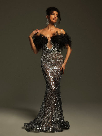 Miloni Uzun Kollu Rhinestone Bandaj Maxi Elbise