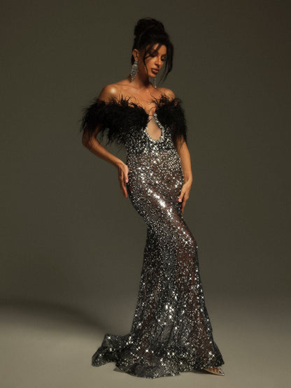 Miloni Uzun Kollu Rhinestone Bandaj Maxi Elbise