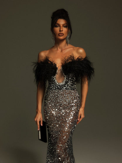Miloni Uzun Kollu Rhinestone Bandaj Maxi Elbise