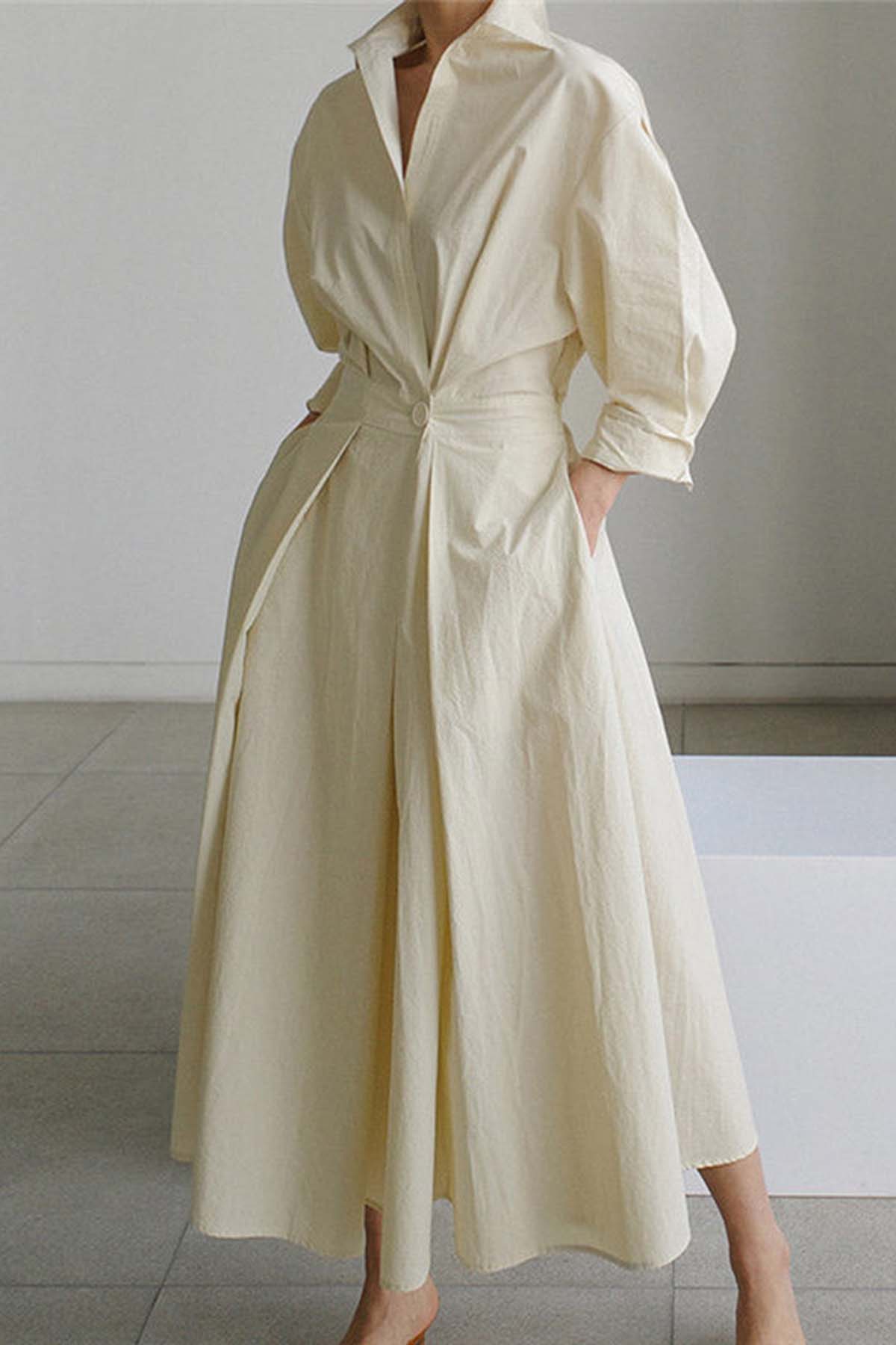 Długa bawełniana sukienka z kołnierzykiem Piotrusia Pana i kieszeniami 