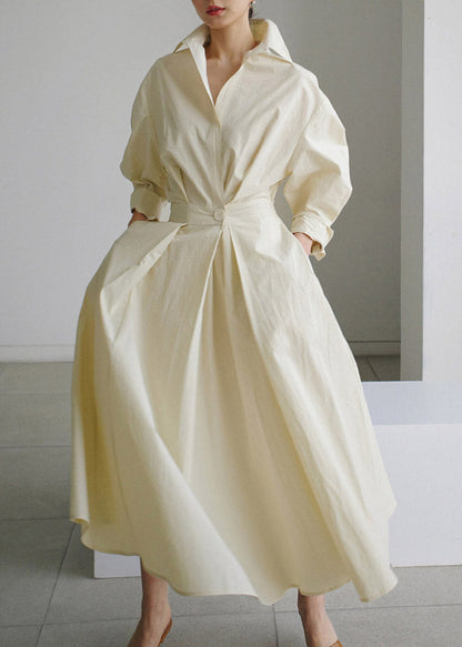 Długa bawełniana sukienka z kołnierzykiem Piotrusia Pana i kieszeniami 