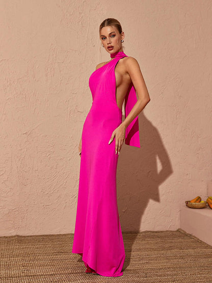 Toula Sırtı Açık Pembe Maxi Elbise