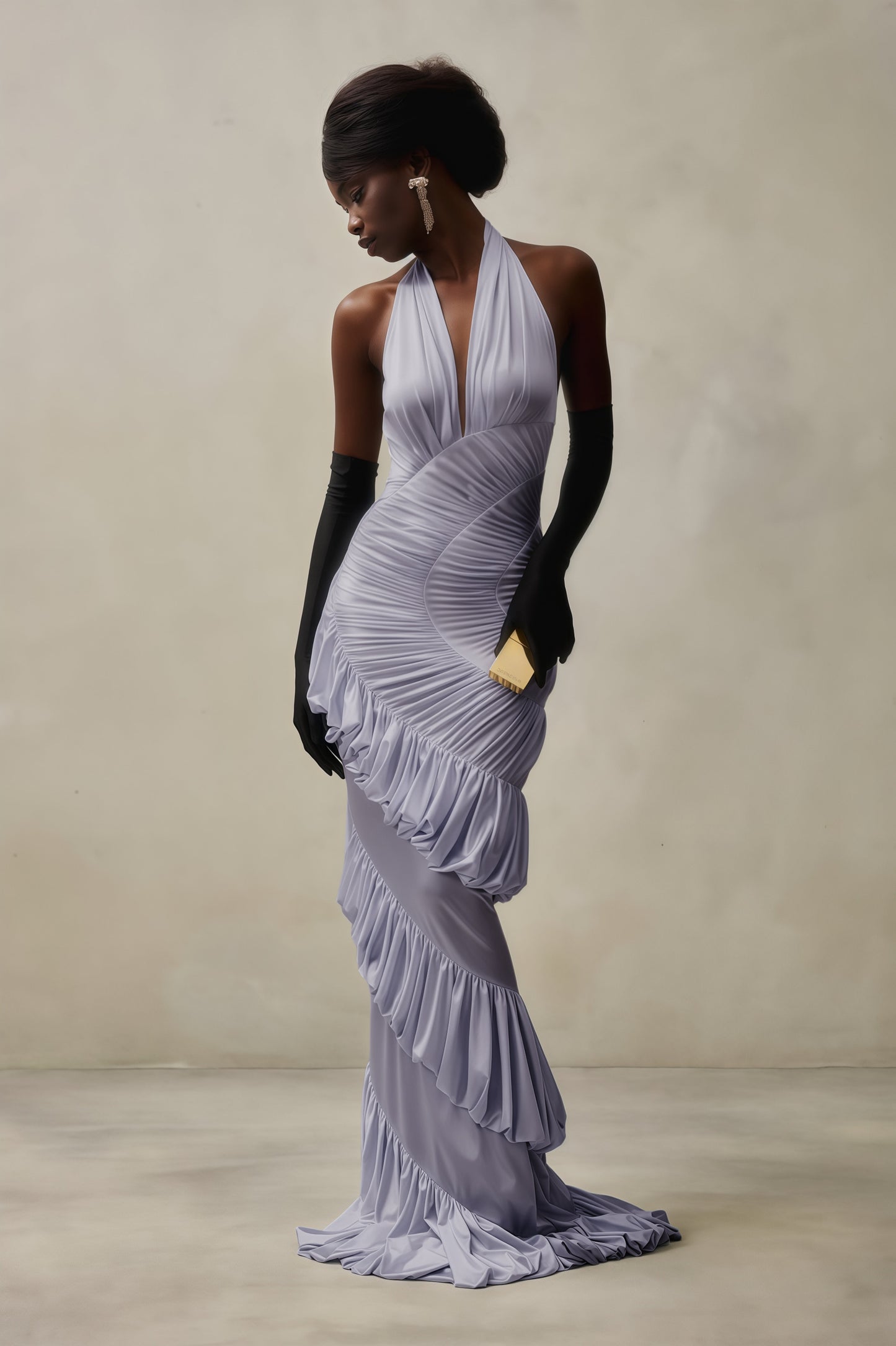 Aurea Fırfırlı Halter Maxi Elbise-Mor