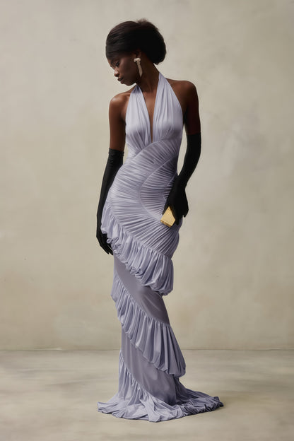 Aurea Fırfırlı Halter Maxi Elbise-Mor