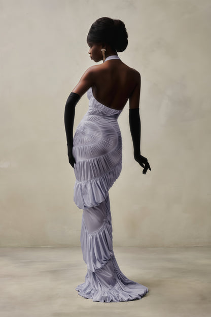 Aurea Fırfırlı Halter Maxi Elbise-Mor