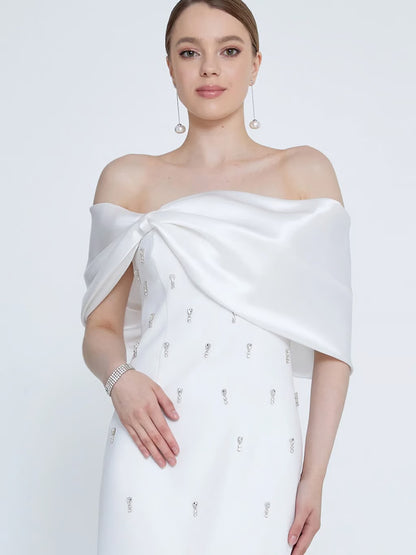 Emly Kristal Taş İşlemeli Maxi Elbise-Beyaz