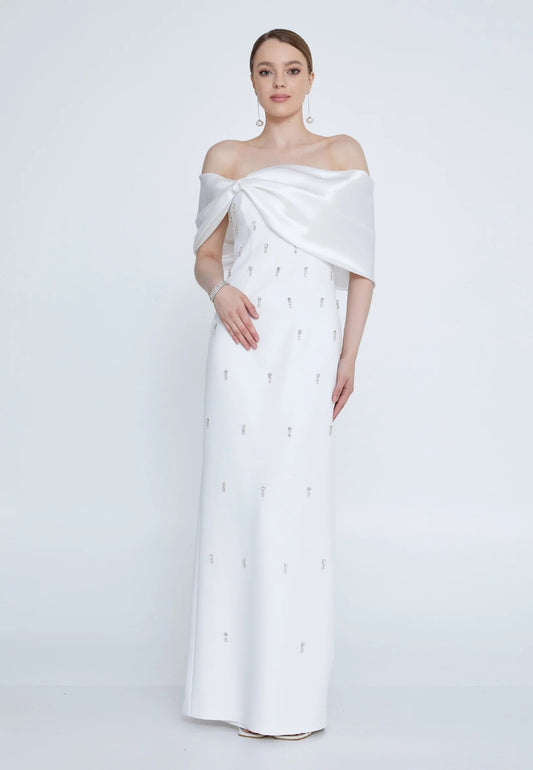 Emly Kristal Taş İşlemeli Maxi Elbise-Beyaz