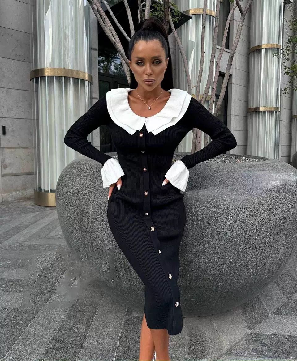 Jersey Fırfır Yaka Midi Elbise -Kırmızımsı Kahverengi