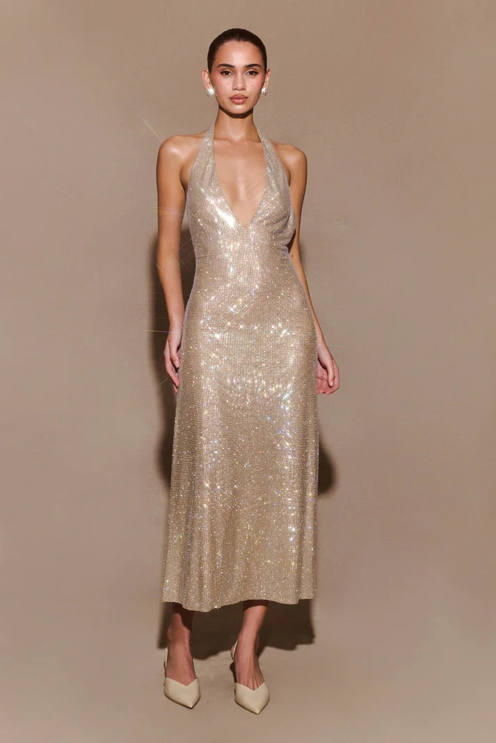 Diamante Halter Midi Elbise
