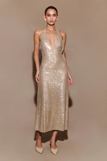 Diamante Halter Midi Elbise