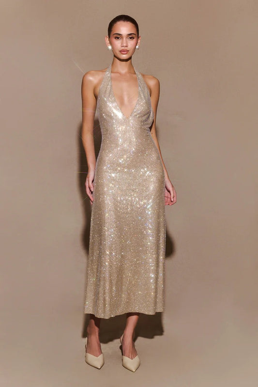 Diamante Halter Midi Elbise