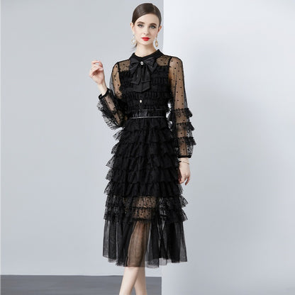 Uzun Kollu Ruffle Rhinestone File Maksi Elbise