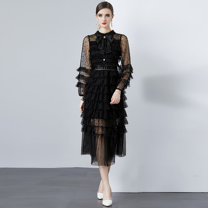 Uzun Kollu Ruffle Rhinestone File Maksi Elbise