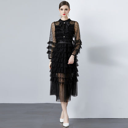 Uzun Kollu Ruffle Rhinestone File Maksi Elbise