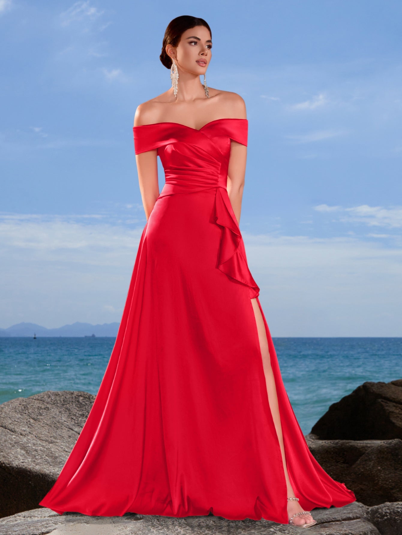 Astrid Saten Dökümlü Fırfırlı Maxi Elbise