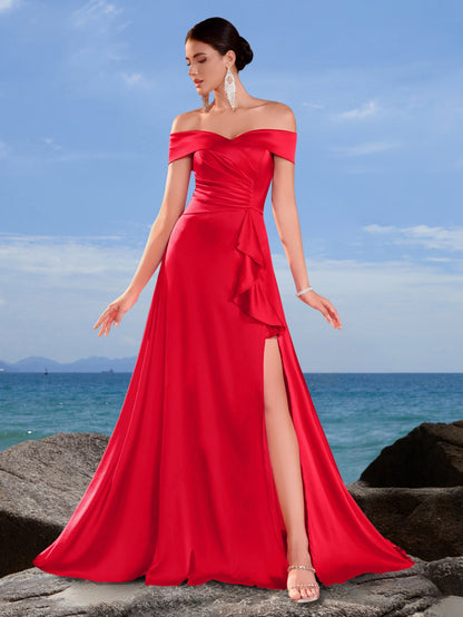 Astrid Saten Dökümlü Fırfırlı Maxi Elbise