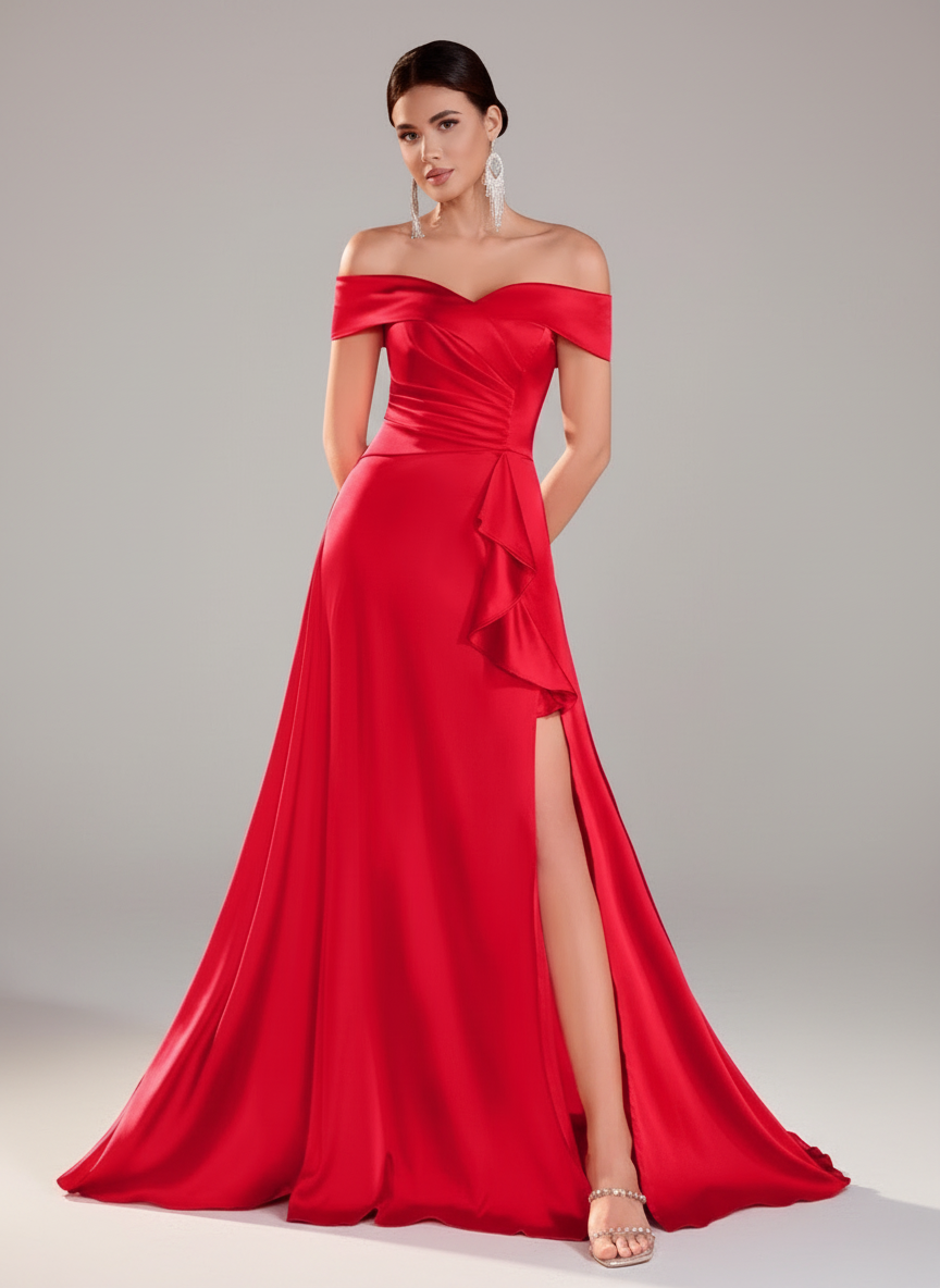 Astrid Saten Dökümlü Fırfırlı Maxi Elbise