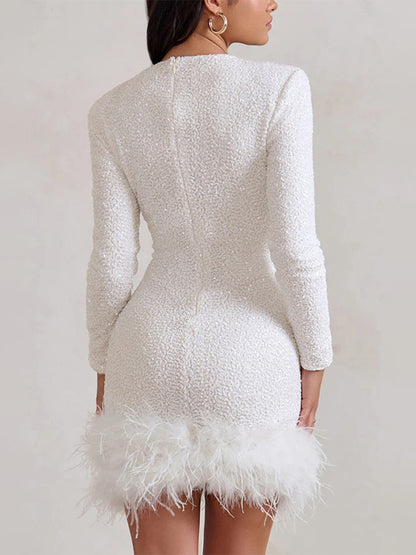 Calixta Uzun Kollu Payetli Tüy Mini Elbise